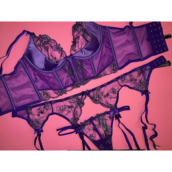Victoria's Secret 32B,34B,34D CORSET BRA TOP SET+garter+PURPLE SILVER STARSTRUCK - Picture 2 of 6